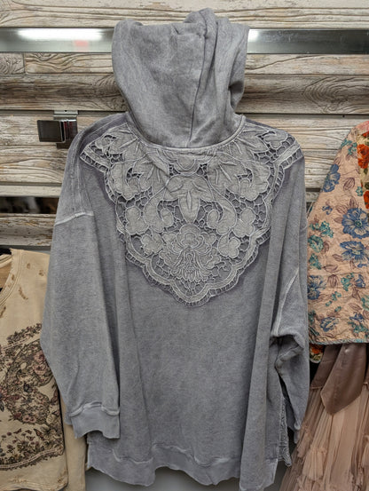Back of Paper Lace gray lace-detail zip-front hoodie PLC-277J
