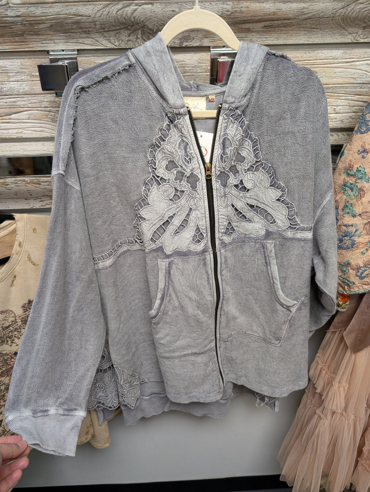 Front of Paper Lace gray lace-detail zip-front hoodie PLC-277J