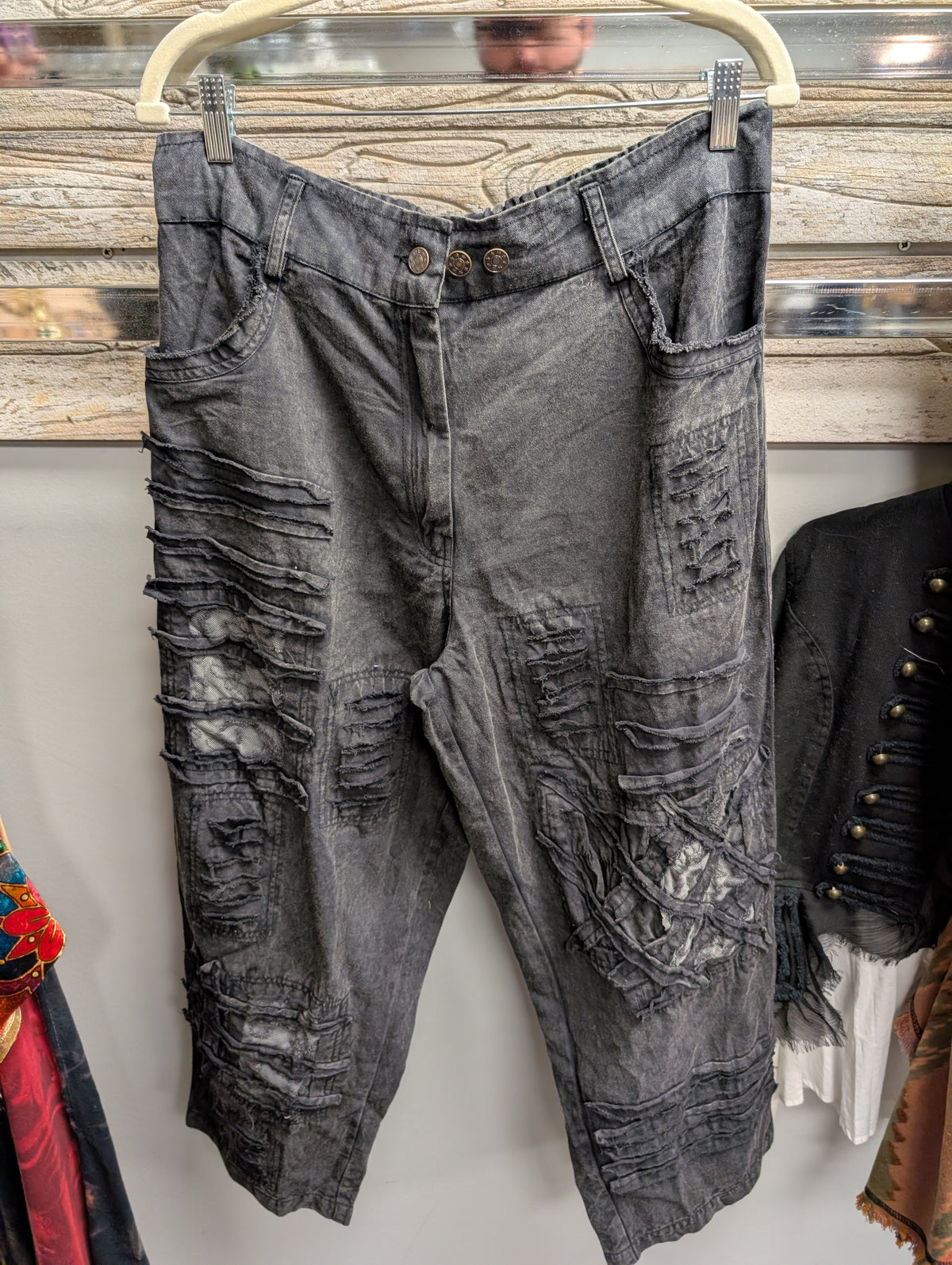front of Paper Lace PLG-204P Black distressed patchwork pants