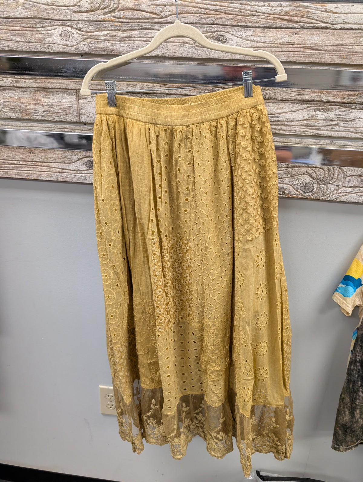 Paper Lace Tea Dye patchwork eyelet skirt with floral lace hem