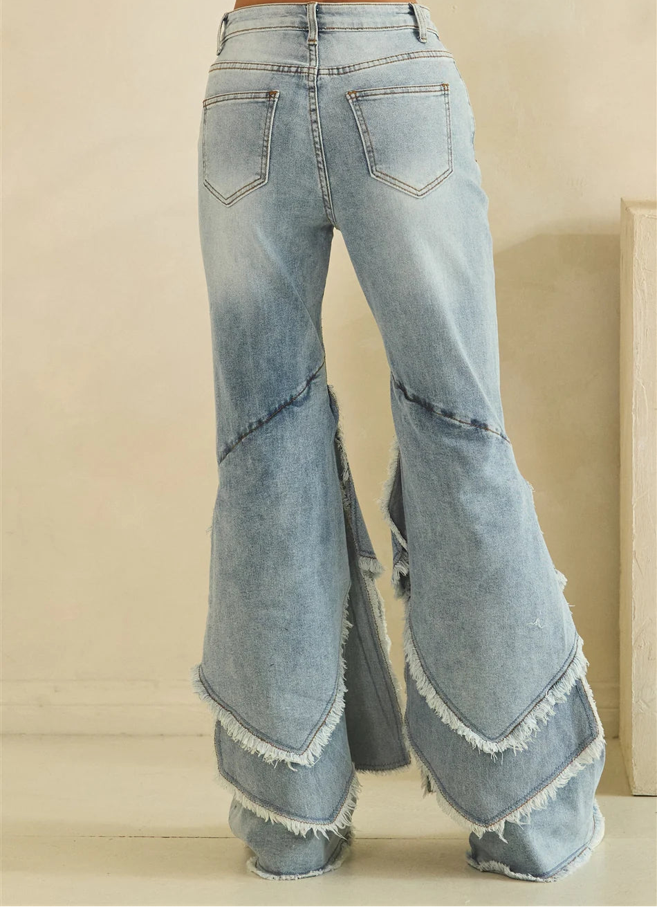 Oli and Hali Washed Tiered Frayed Hem Flare Jeans - Back view
