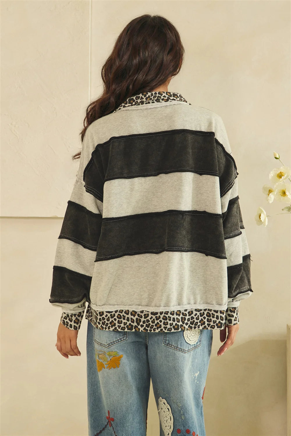 Oli and Hali Washed Contrast Stripe Lace Up Top - Black Combo back view