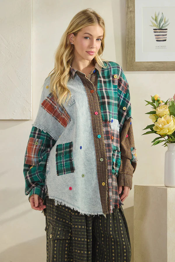 OLI AND HALI COLORBLOCK PATCHWORK PLAID BUTTON DOWN SHIRT