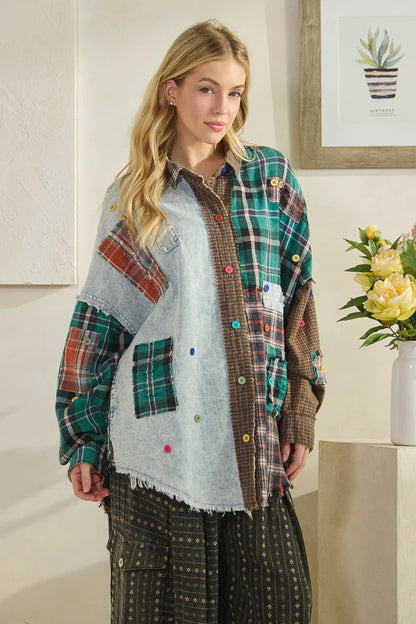 OLI AND HALI COLORBLOCK PATCHWORK PLAID BUTTON DOWN SHIRT