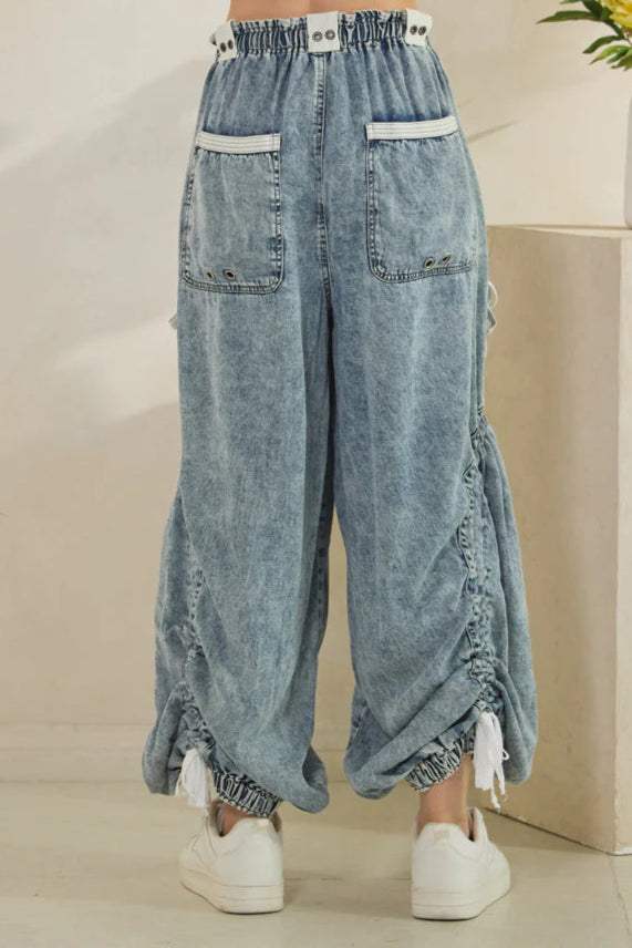 OLI AND HALI WASHED DRAWSTRING CINCHED WIDE LEG PANTS