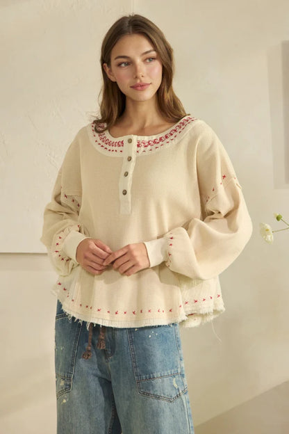 OLI AND HALI WASHED X STITCH DETAIL FABRIC MIX LONG SLEEVE TOP