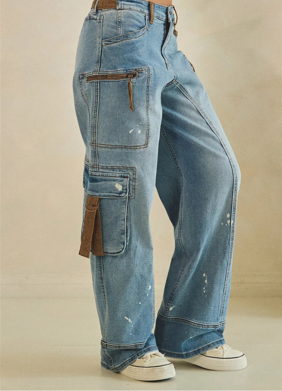 Oli and Hali Washed Paint Splattered Suede Trim Cargo Jeans - Side view