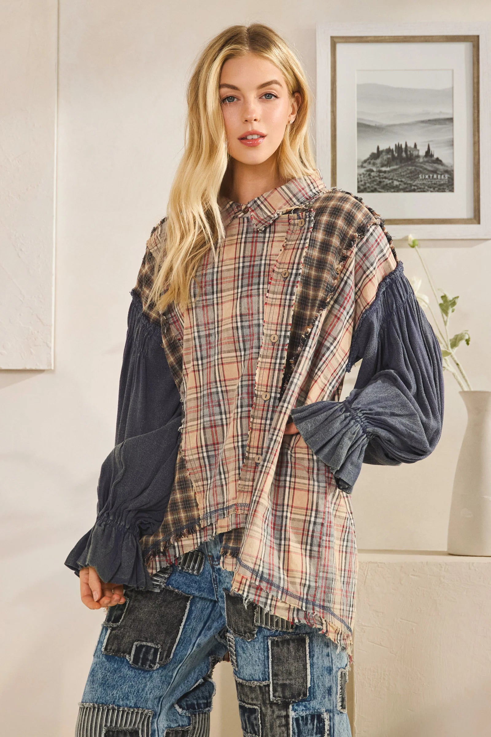 Oli and Hali WASHED PLAID ASYMMETRICAL BUTTON DOWN SHIRTS