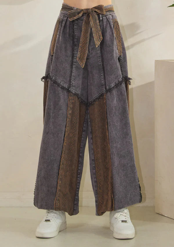 OLI AND HALI WASHED MIXED FABRIC BELTED WAIST JOGGER PANTS