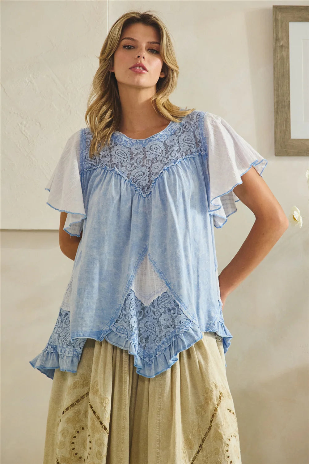 Oli & Hali Washed Lace Mix Ruffle Hem Tunic
