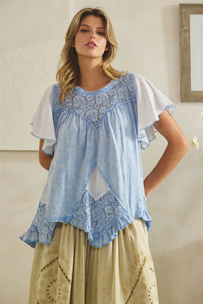 Oli & Hali Washed Lace Mix Ruffle Hem Tunic