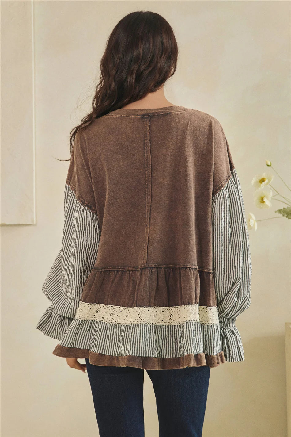 Oli and Hali Mixed Fabric Tiered Tunic Long Sleeve Top - Back view showing stripe sleeves and tiered hem