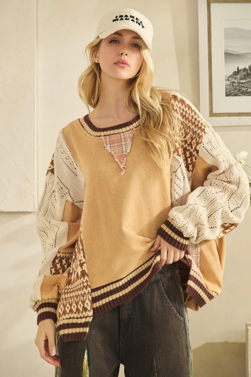 Oli and Hali Washed Fabric Mix Sweater Top