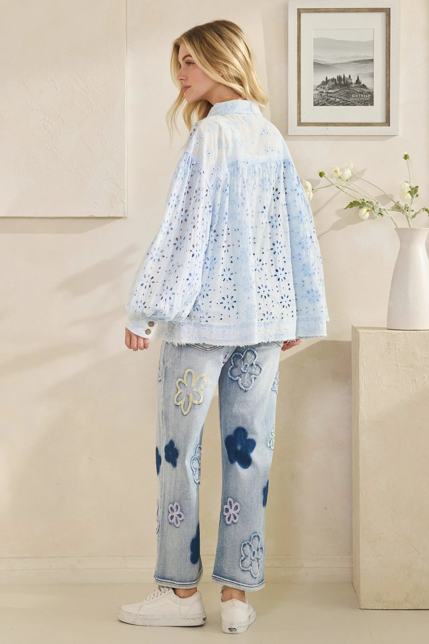 Oli and Hali Washed Eyelet Mix Button Down Collared Shirt - Back view