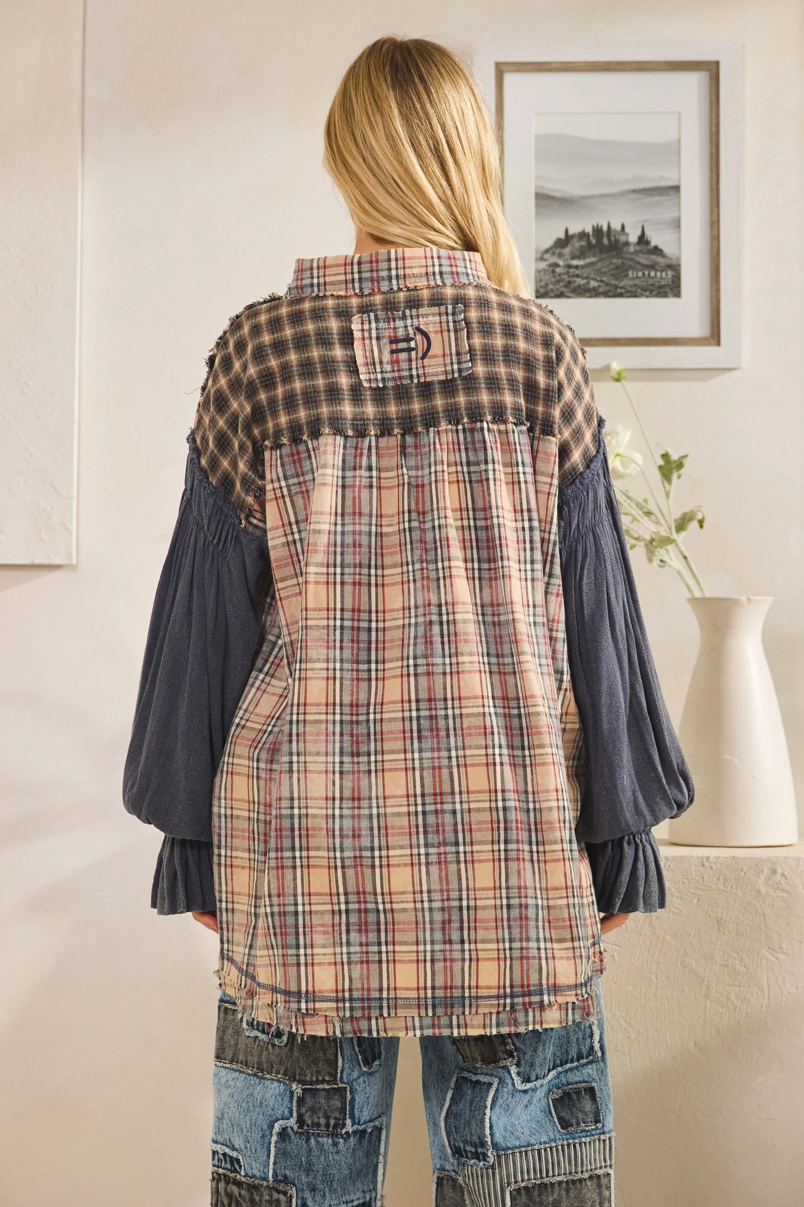 Oli and Hali WASHED PLAID ASYMMETRICAL BUTTON DOWN SHIRTS