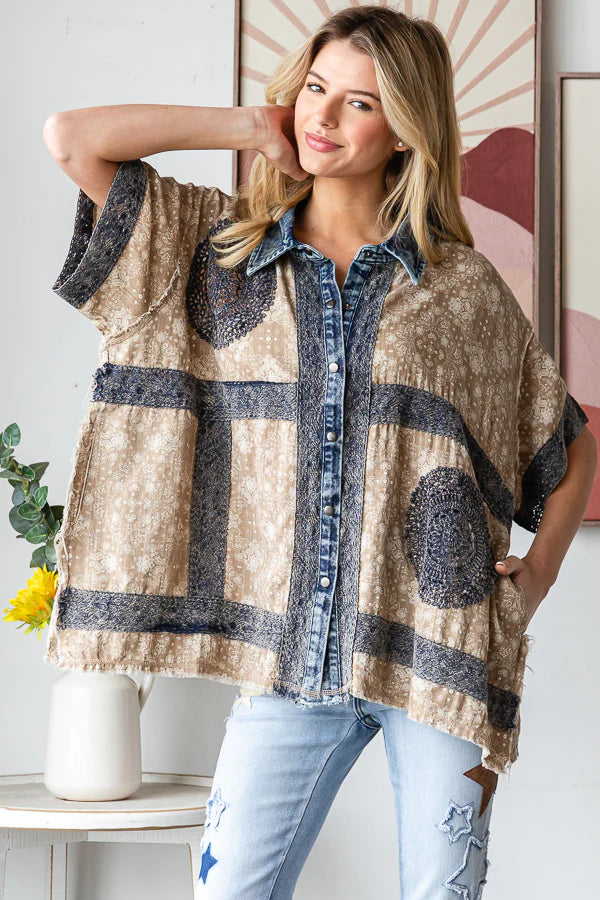 OLI AND HALI WASHED CROCHET PATCHWORK BUTTON DOWN SHIRT