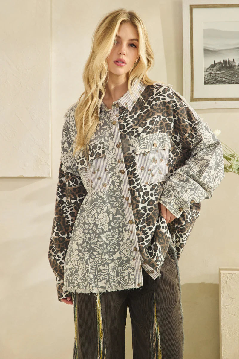 OLI AND HALI WASHED PAISLEY LEOPARD BUTTON DOWN SHIRTS