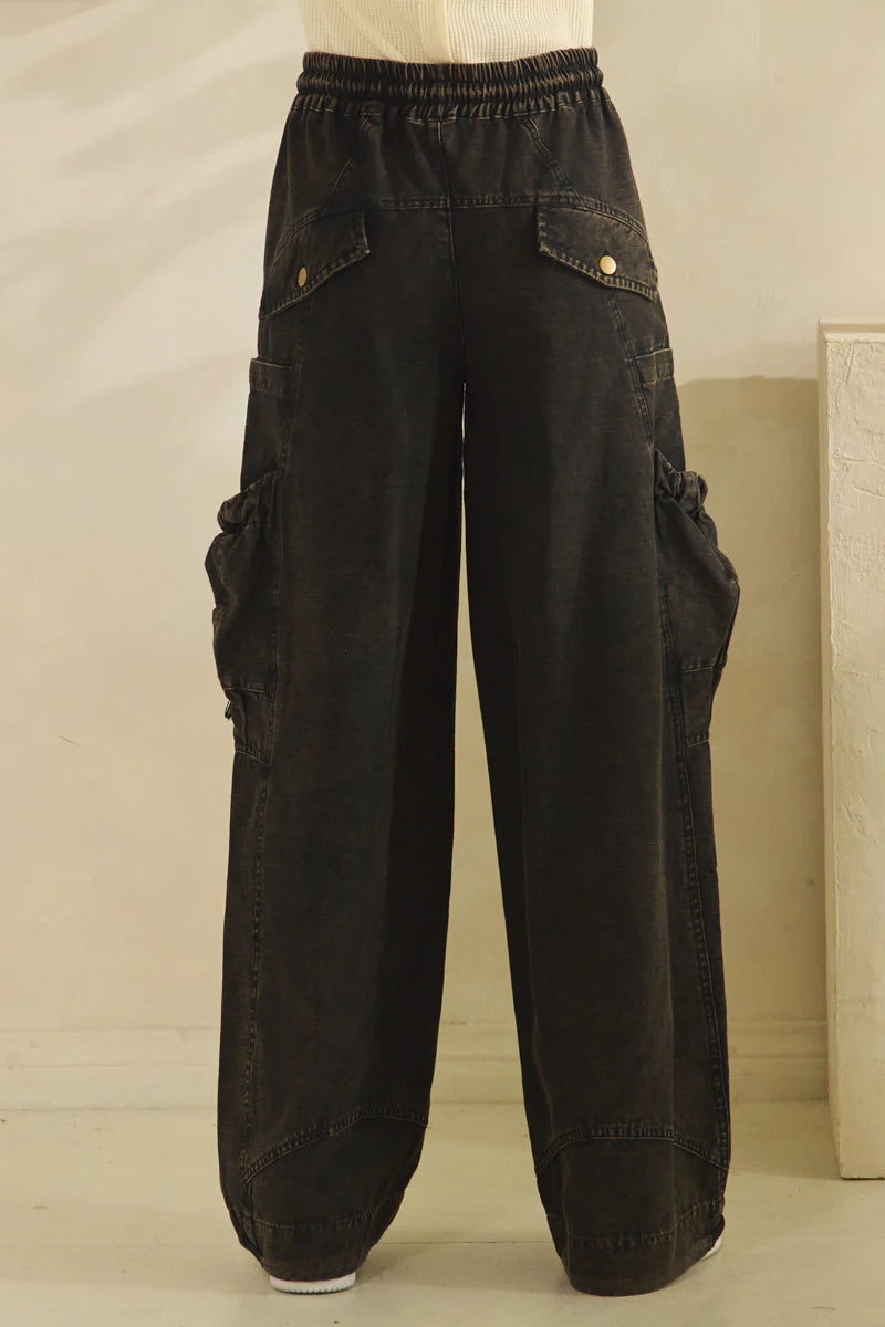 OLI AND HALI WASHED ELASTIC WAIST STRING POINT BIG POCKET PANTS