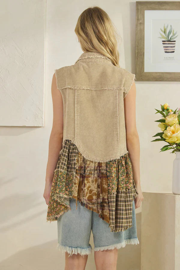 OLI AND HALI WASHED FLANNEL RUFFLE HEM CORDUROY SLEEVELESS VEST