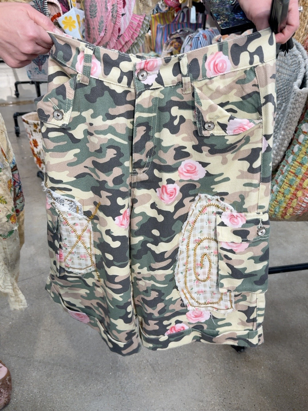 POL WYP104 camo pants with pink roses and patchwork pockets
