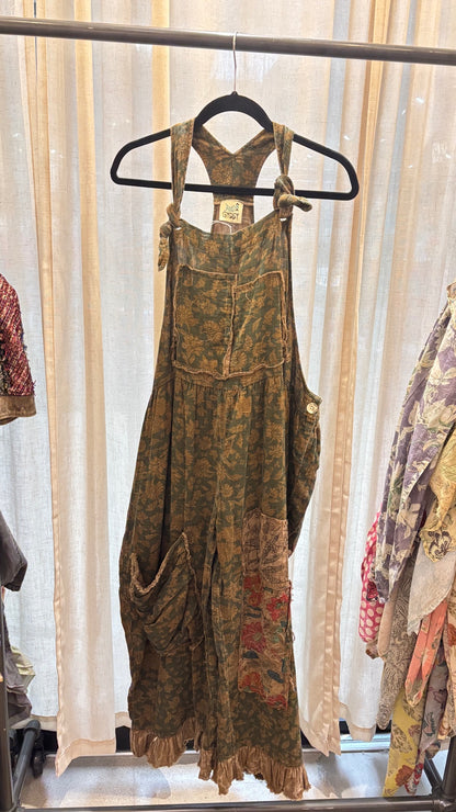 Jaded Gypsy Prairie Views Overalls Sage with floral print, knotted straps, patch pockets and ruffled hems