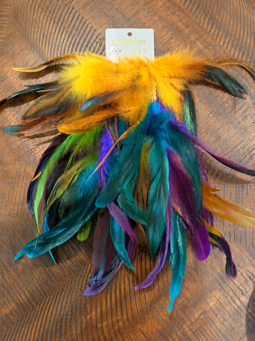 Queen Gypsy long feather earrings gold multi