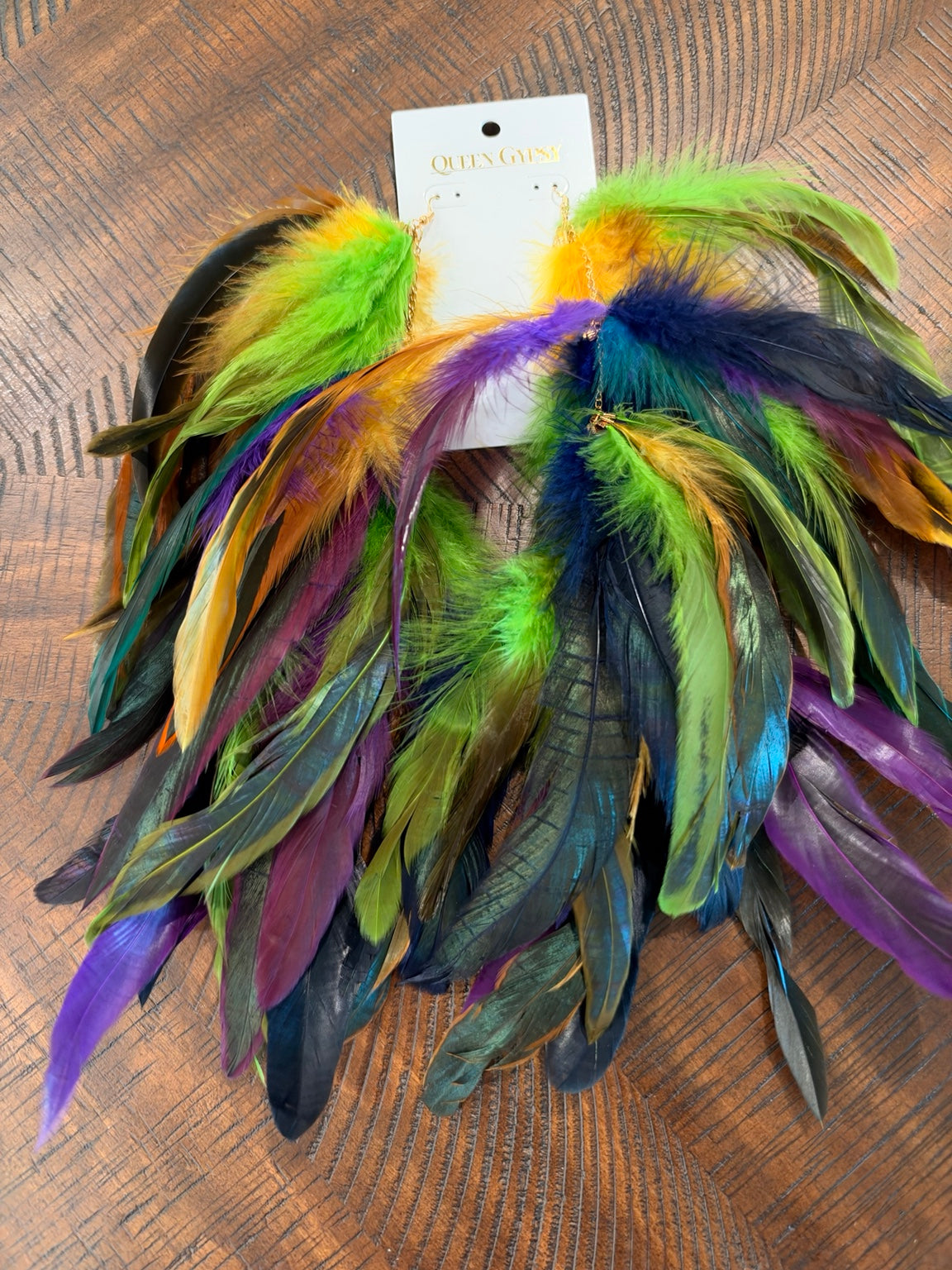 Queen Gypsy long feather earrings lime multi
