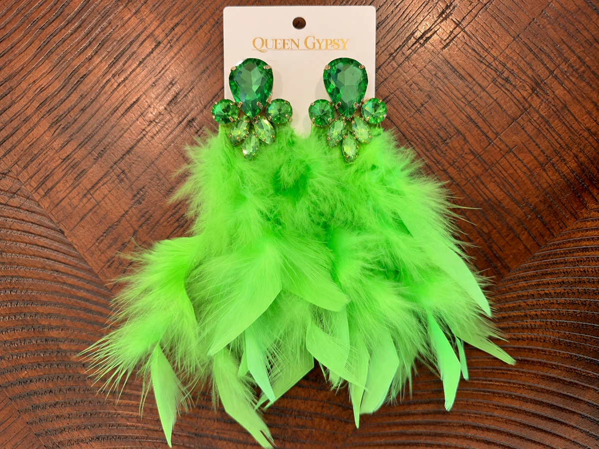 Green Queen Gypsy feather and crystal earrings