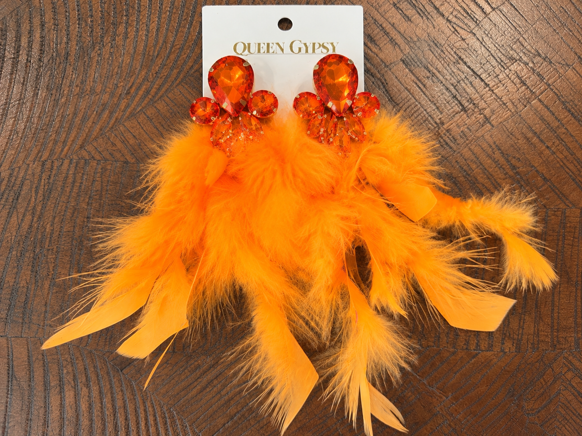 Orange Queen Gypsy feather and crystal earrings