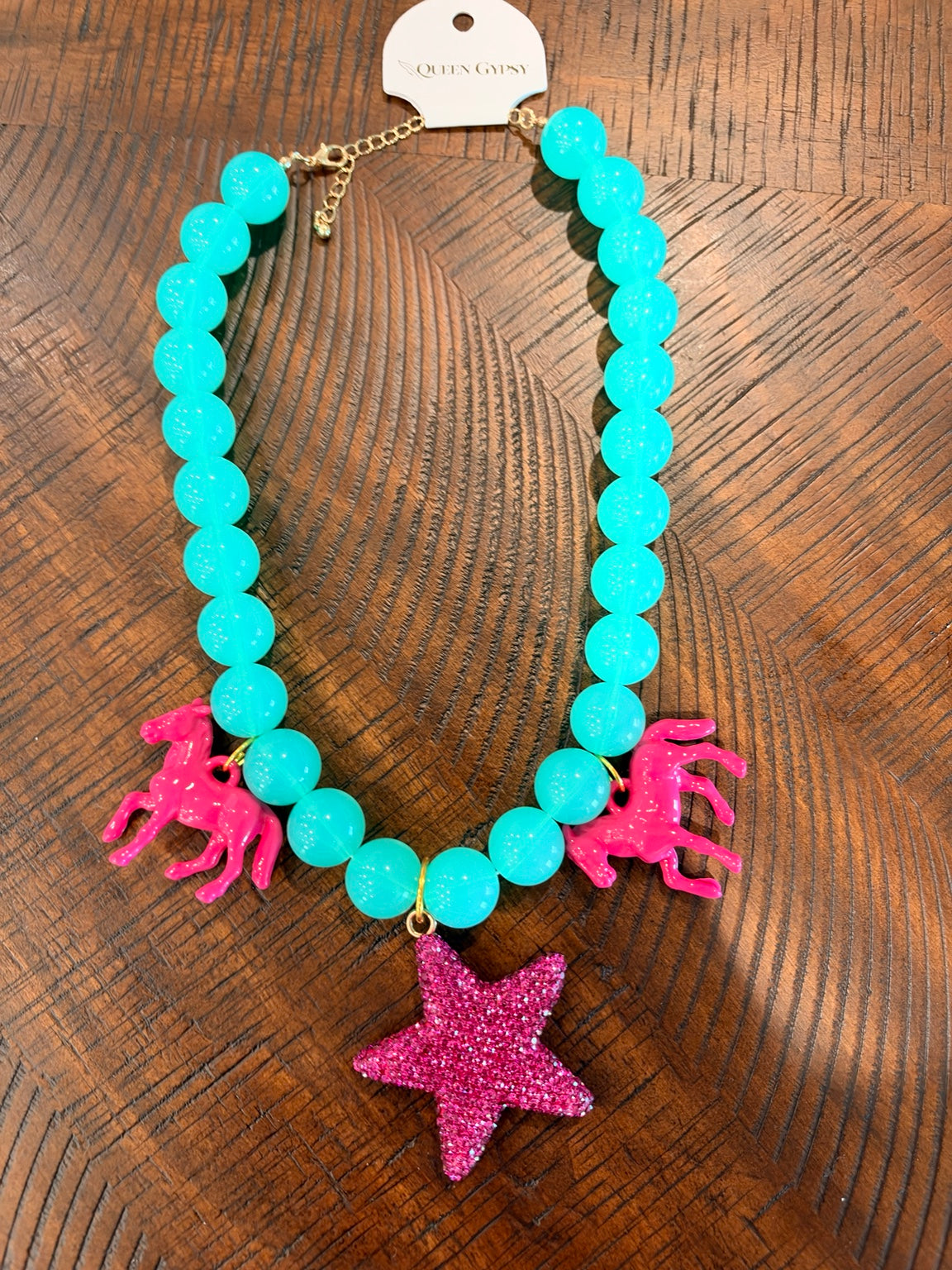 Queen Gypsy turquoise beaded necklace with pink horse charms and sparkling star pendant