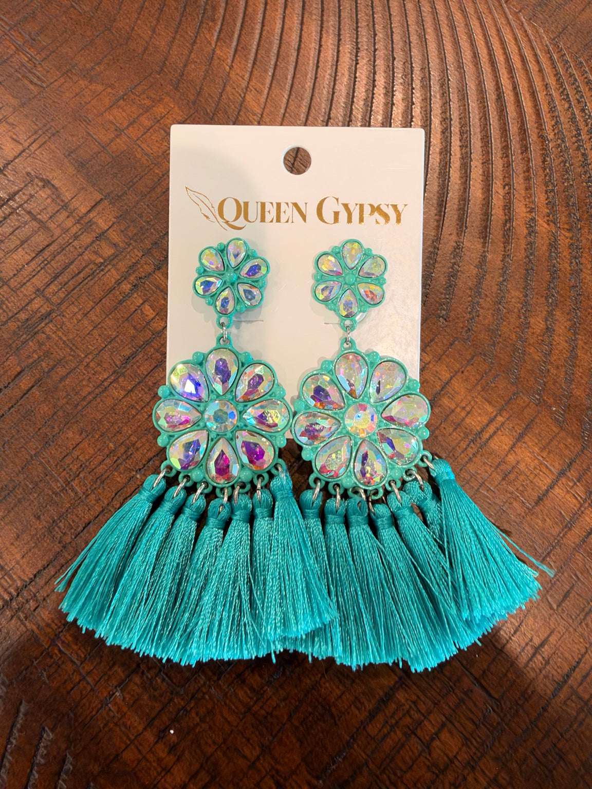 Queen Gypsy turquoise floral earrings with iridescent stones and turquoise tassels