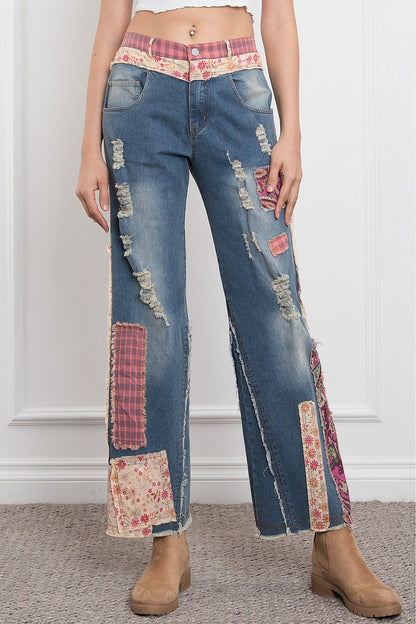 blue velvet RIPPED AND PATCHWORK BOOTS CUT DENIM STRETCHY PANTS