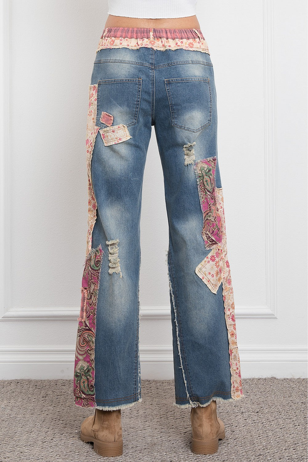 blue velvet RIPPED AND PATCHWORK BOOTS CUT DENIM STRETCHY PANTS