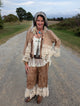 Rambling Rose Lace Jacket — Felecia Bella by paper lace, tan jacket with cream floral lace tiers and lace-trimmed sleeves, shown in a styled outfit. Jacket only.