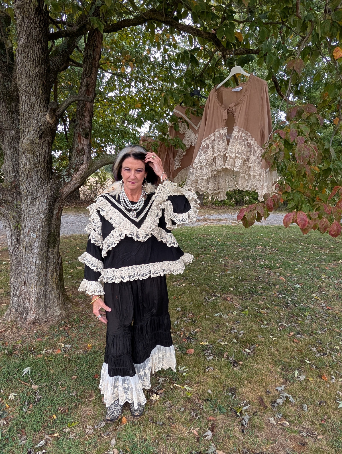 Black Rambling Rose Lace Top in a complete styled outfit. Each garment and accessory is sold separately.