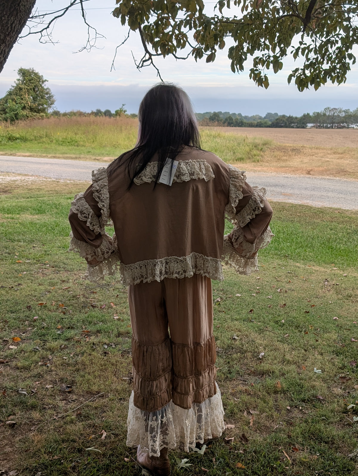 Khaki Rambling Rose Lace Top, back view in a complete styled outfit. Each garment and accessory is sold separately.