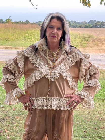 Rambling Rose Lace Top in Khaki — front view with light floral lace ruffles across the chest, sleeves and hem.