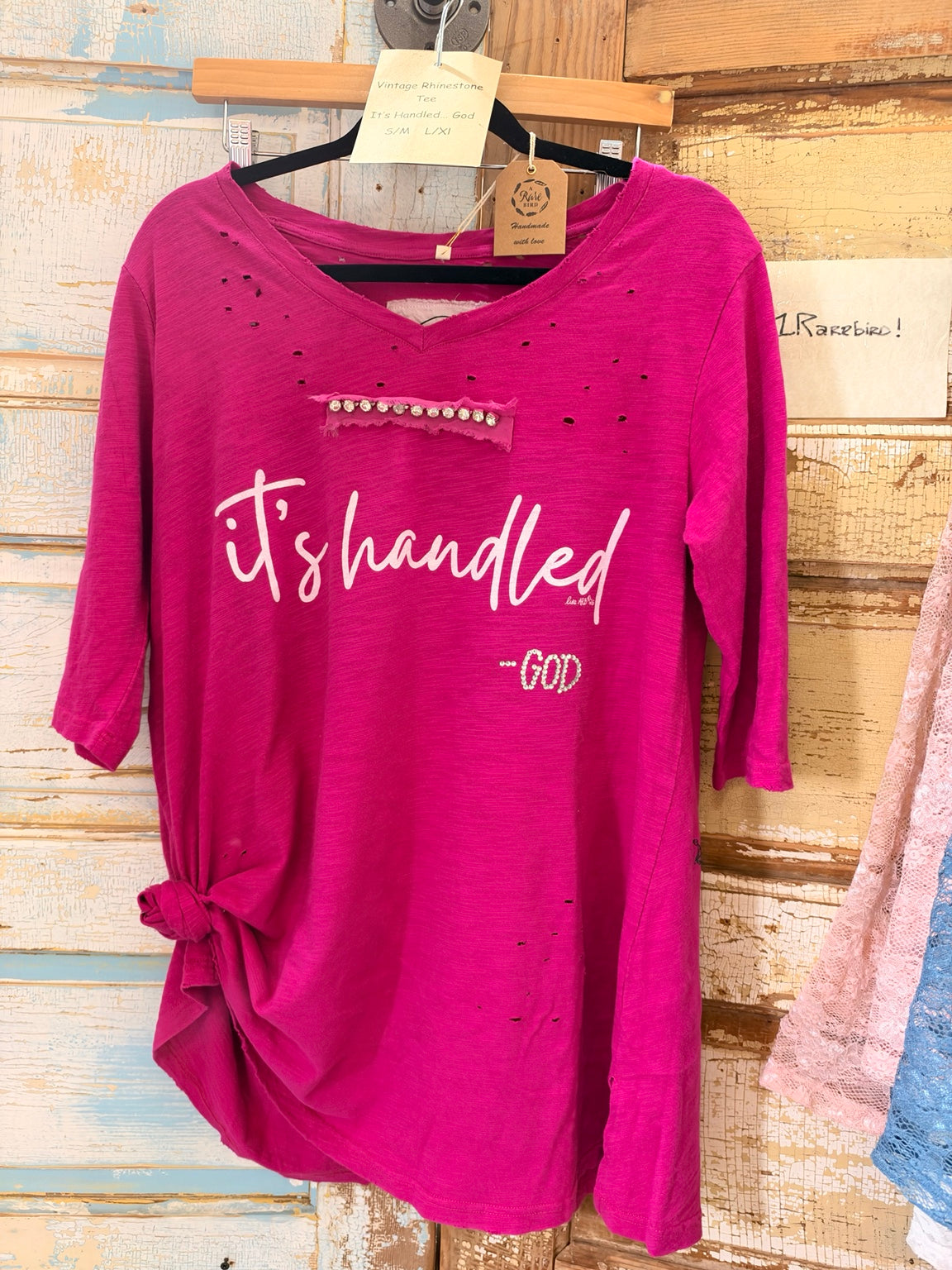 A Rare Bird It's Handled... God pink tee with rhinestone accents