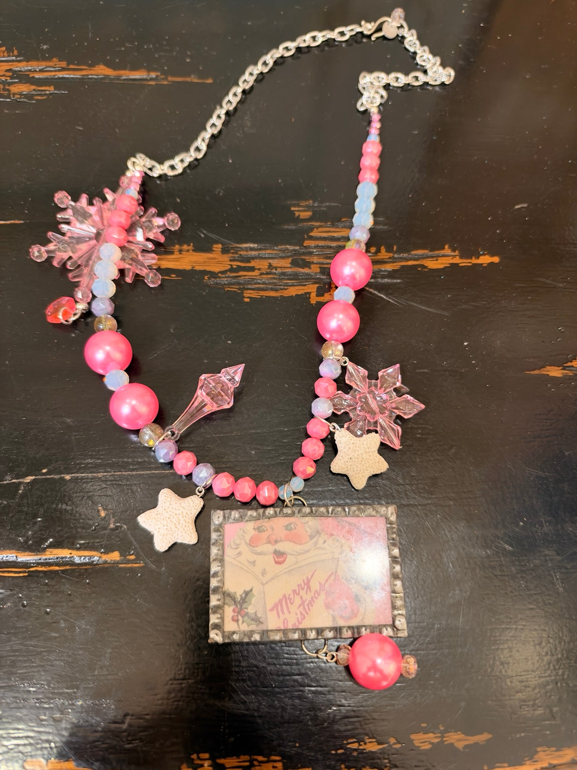 Example A Rare Bird pink Christmas picture charm necklace; pendant picture differs on every necklace