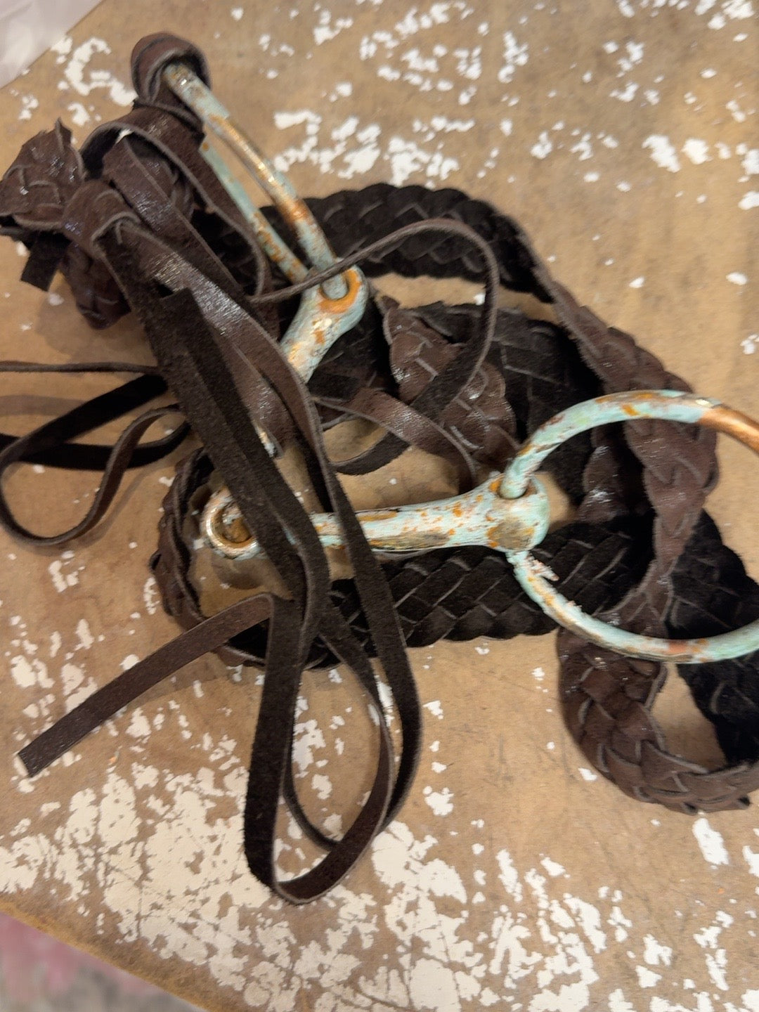 Brown A Rare Bird Rustic Reins Braided Belt with weathered horse-bit hardware
