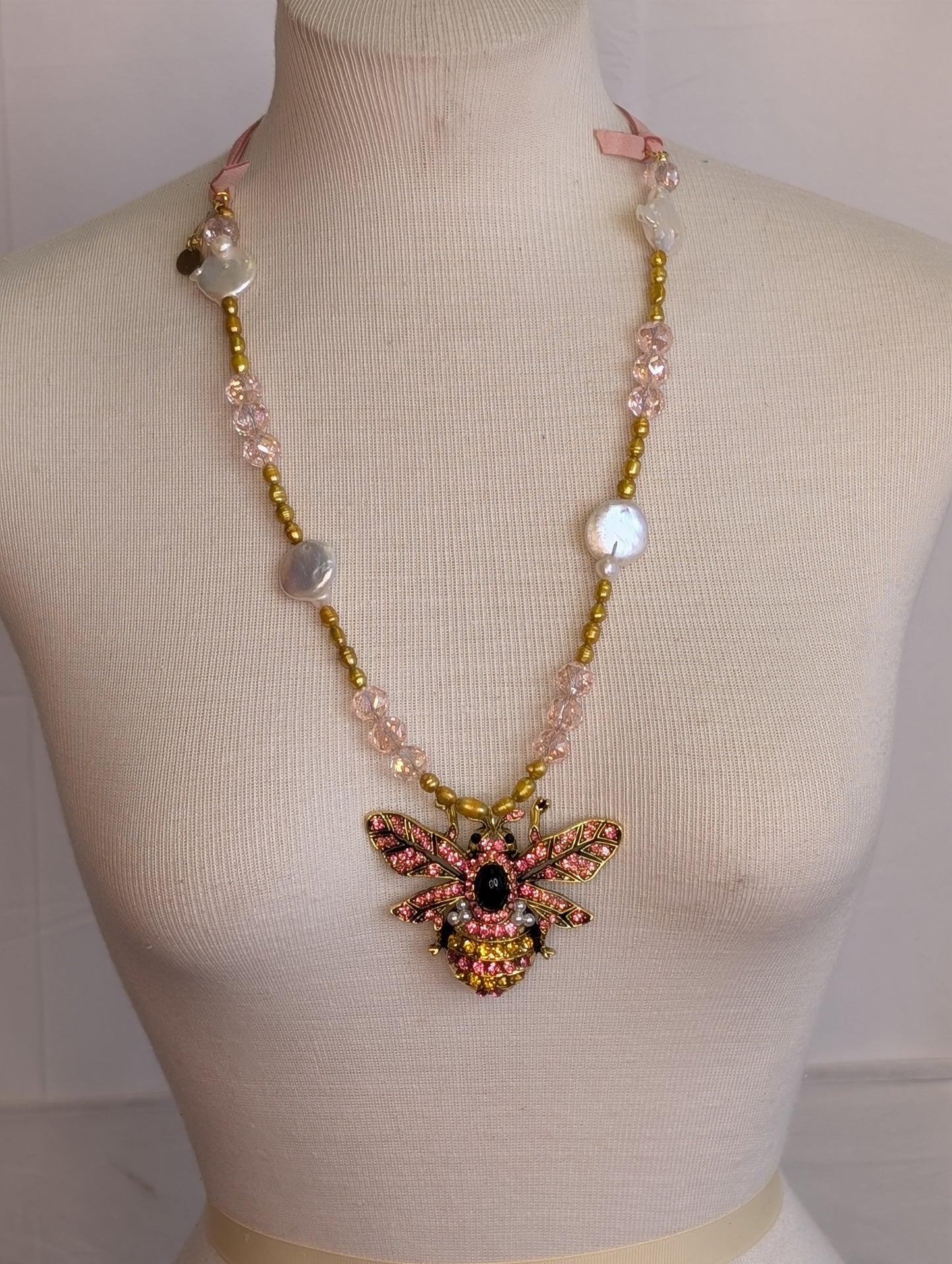 A Rare Bird  Pink Bee Necklace