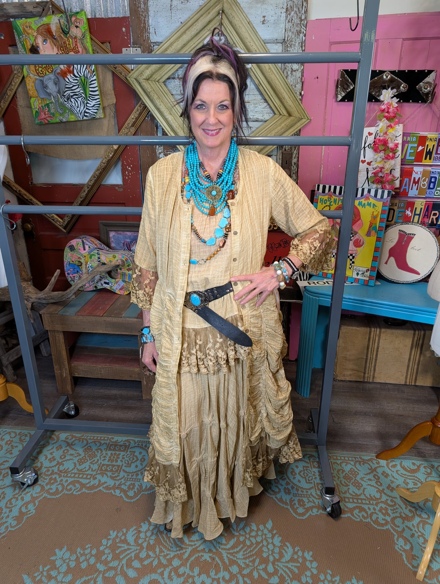 Paper Lace Flare vintage wash button accent Skirt