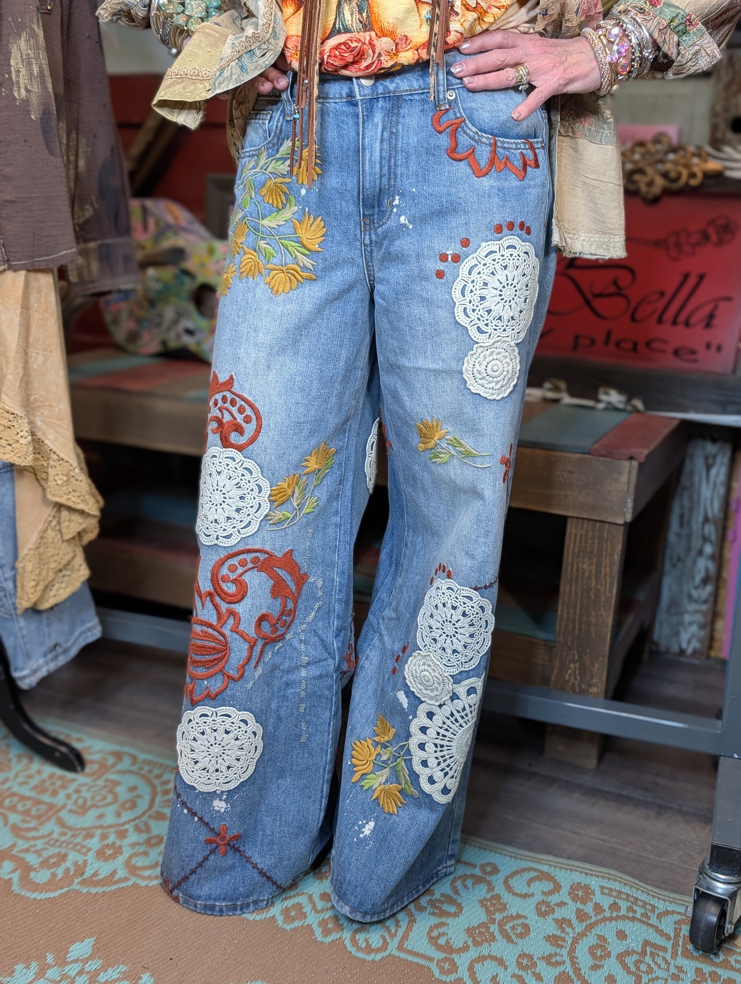 Oli and hali Embroidery Wide Leg Jeans