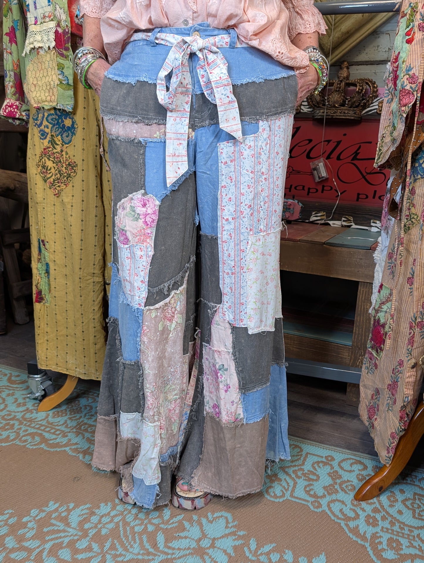 Oli & Hali Washed Floral Patchwork Flare Pants