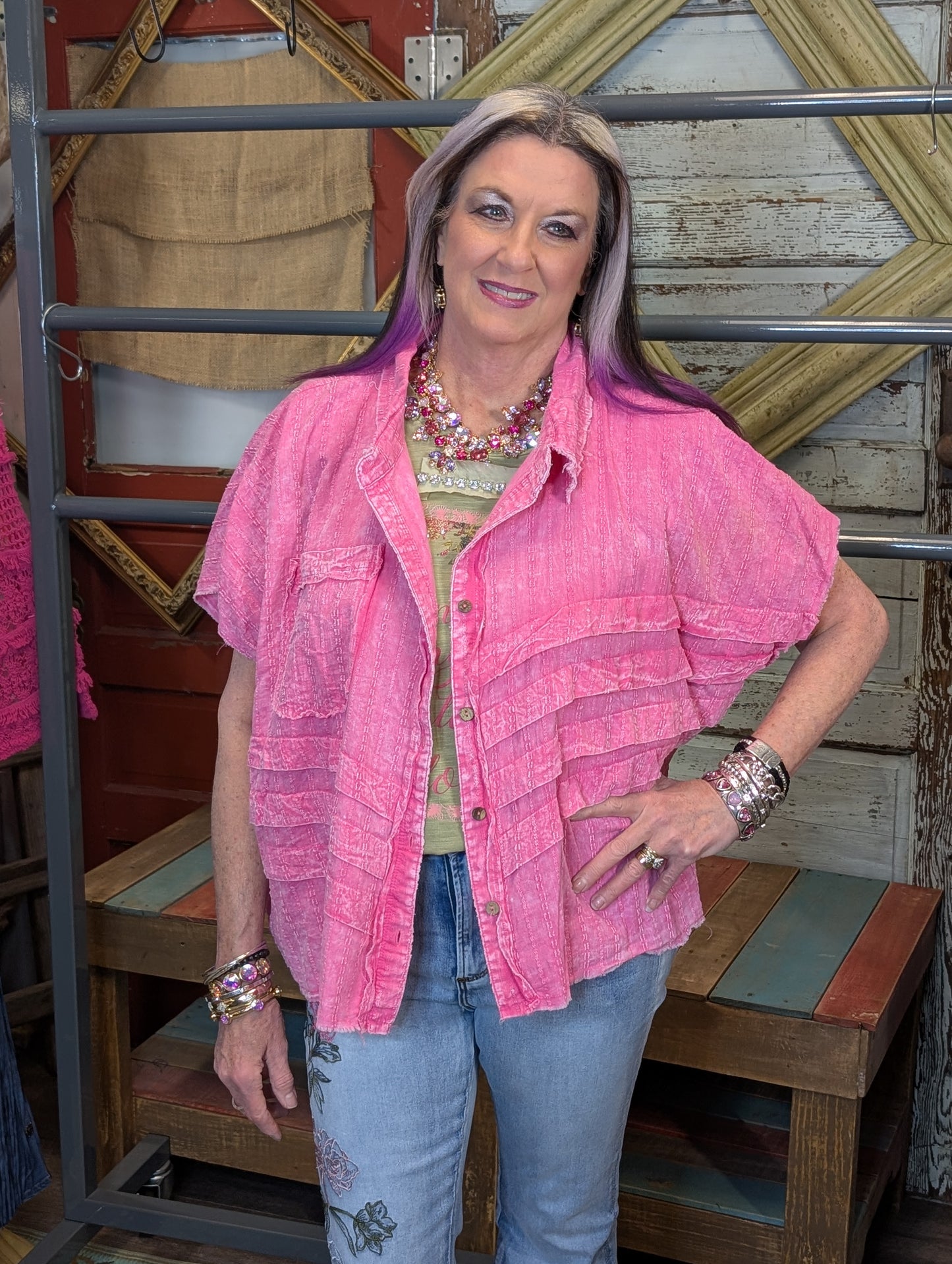 Oli and Hali washed button front sleeveless shirt