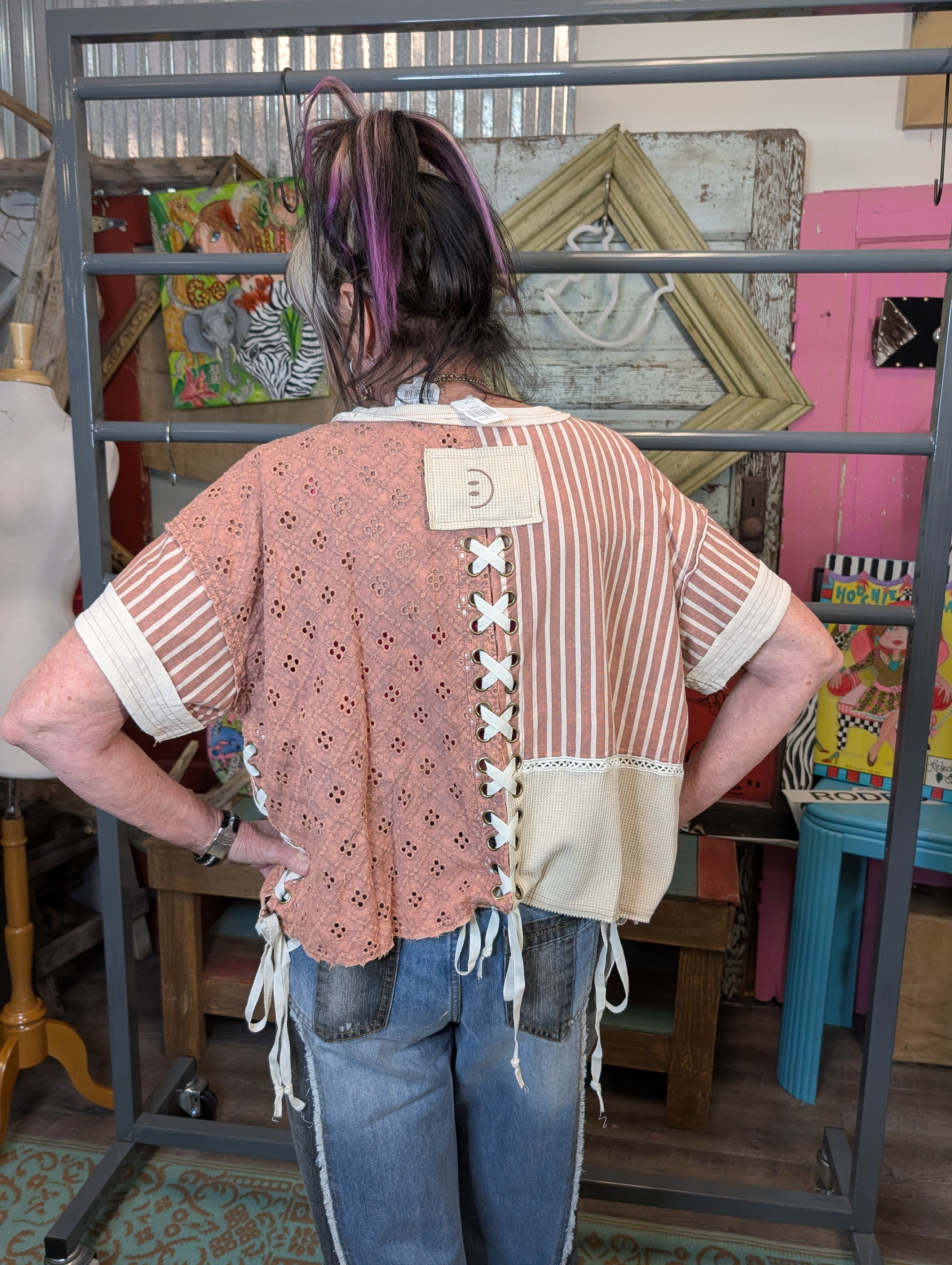Oli & Hali Washed Crochet Lace Up Sides and Back Top