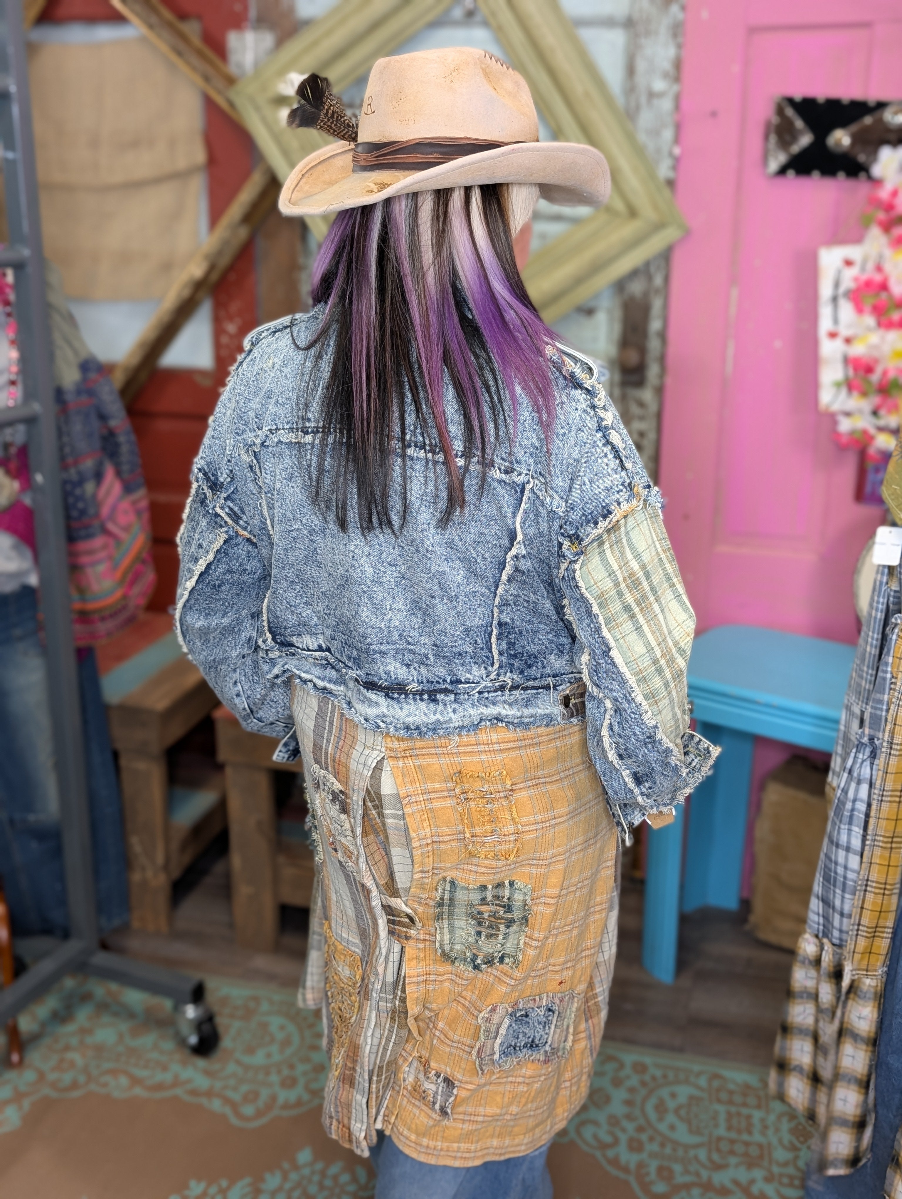 Oli and hali Denim Plaid Long Jacket