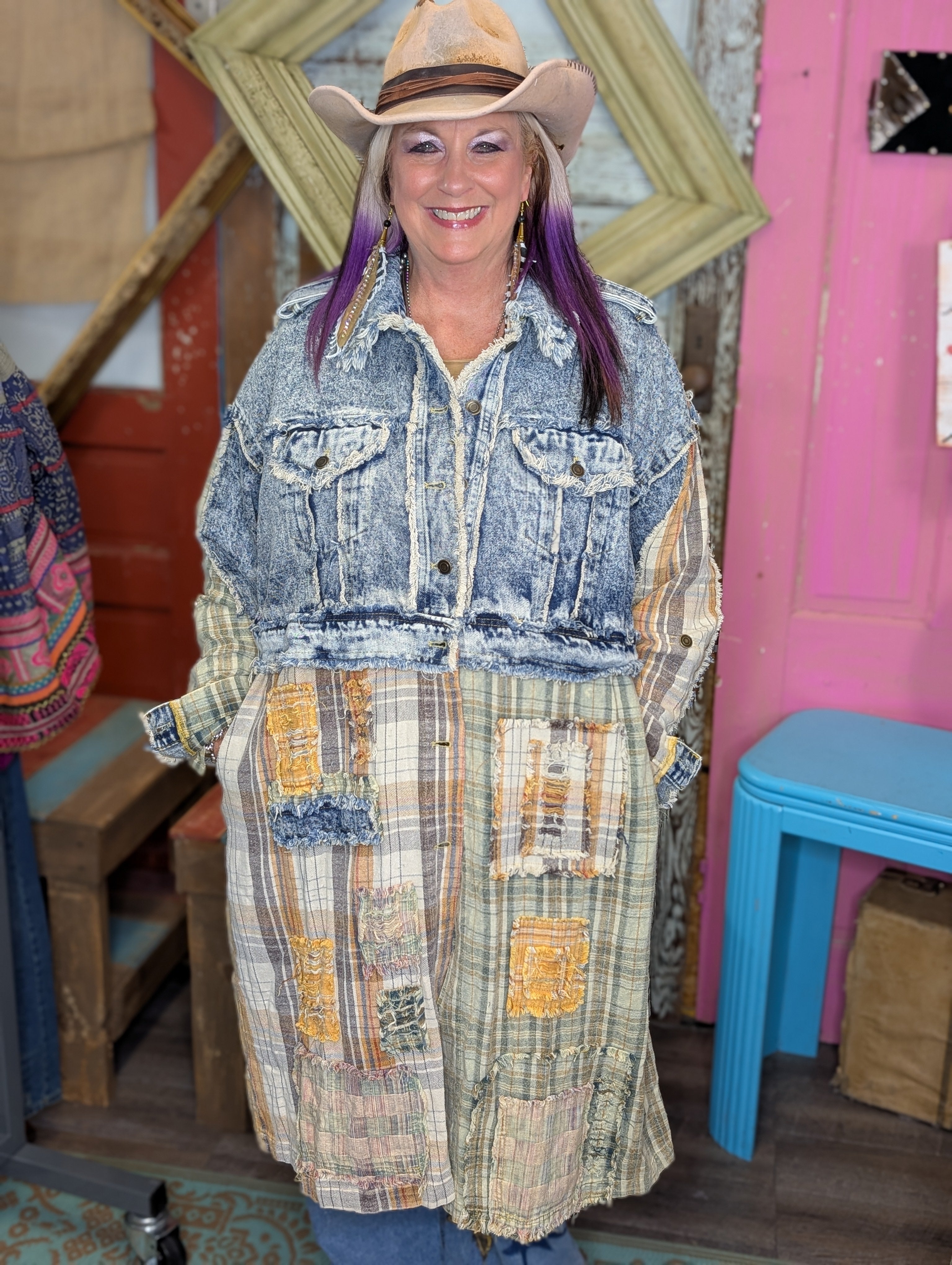 Oli and hali Denim Plaid Long Jacket