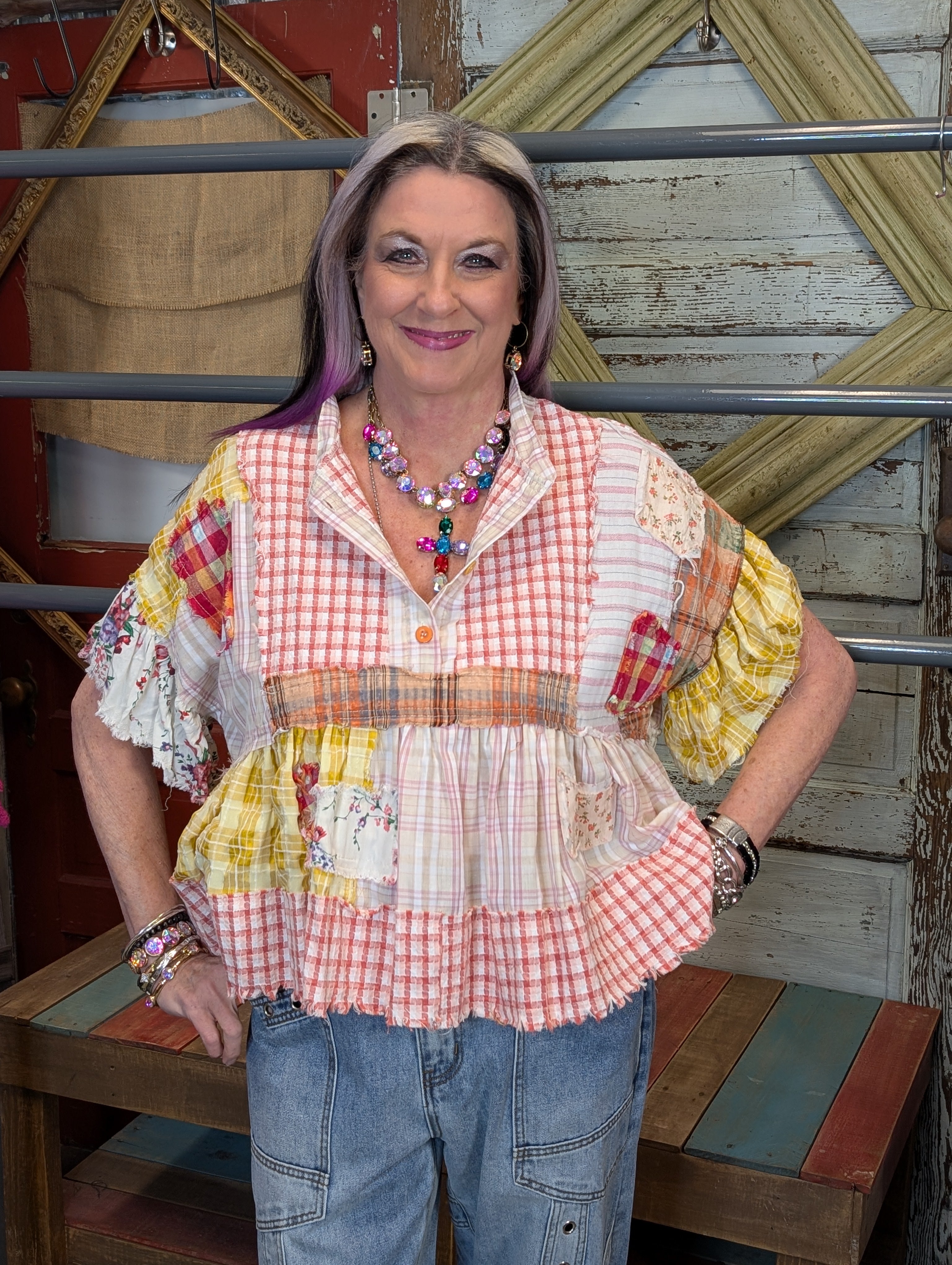 Oli and Hali washed ruffle hem plaid top