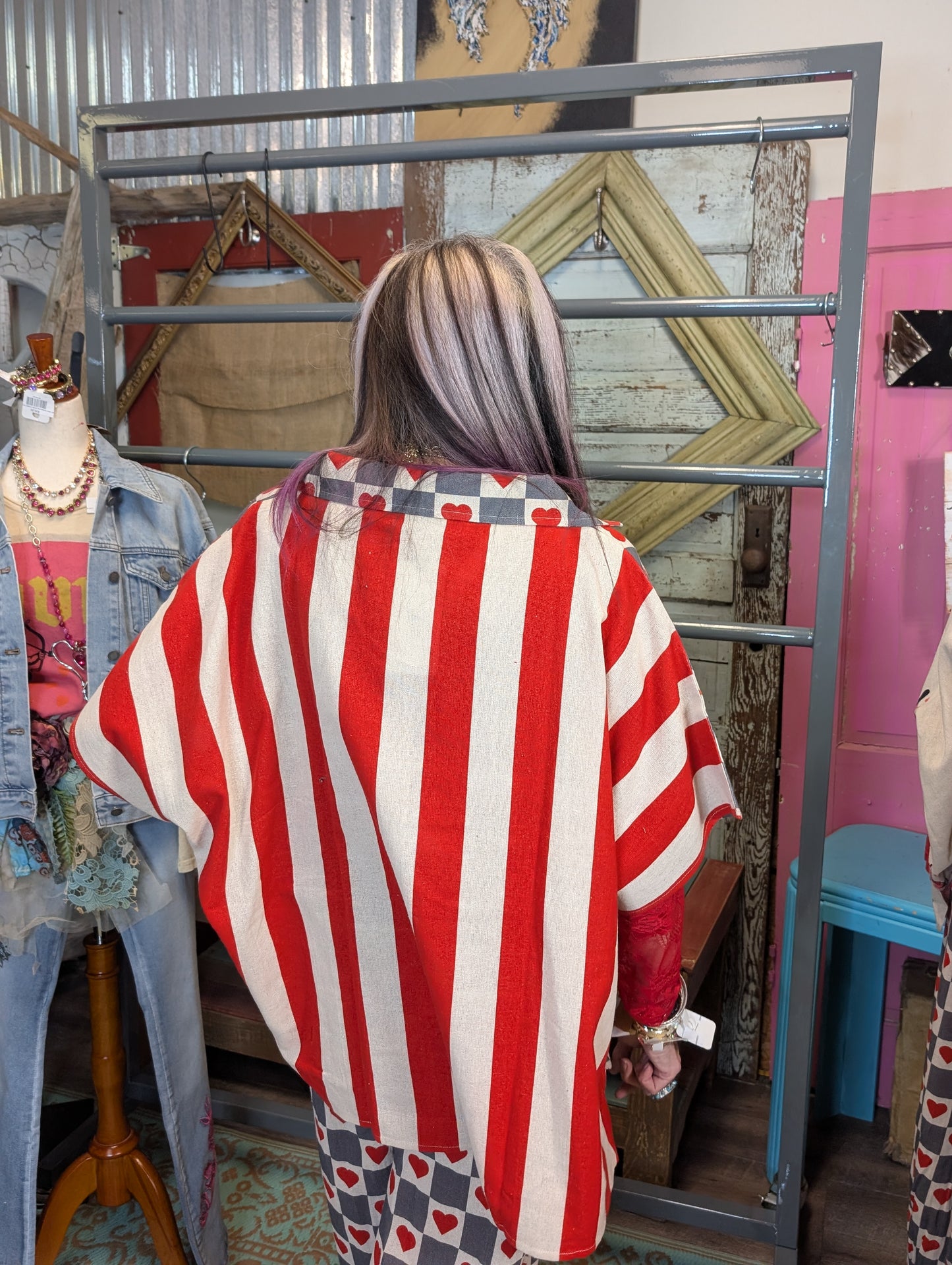 I Love Linen Checkered Heart with Red Stripe Collared Top